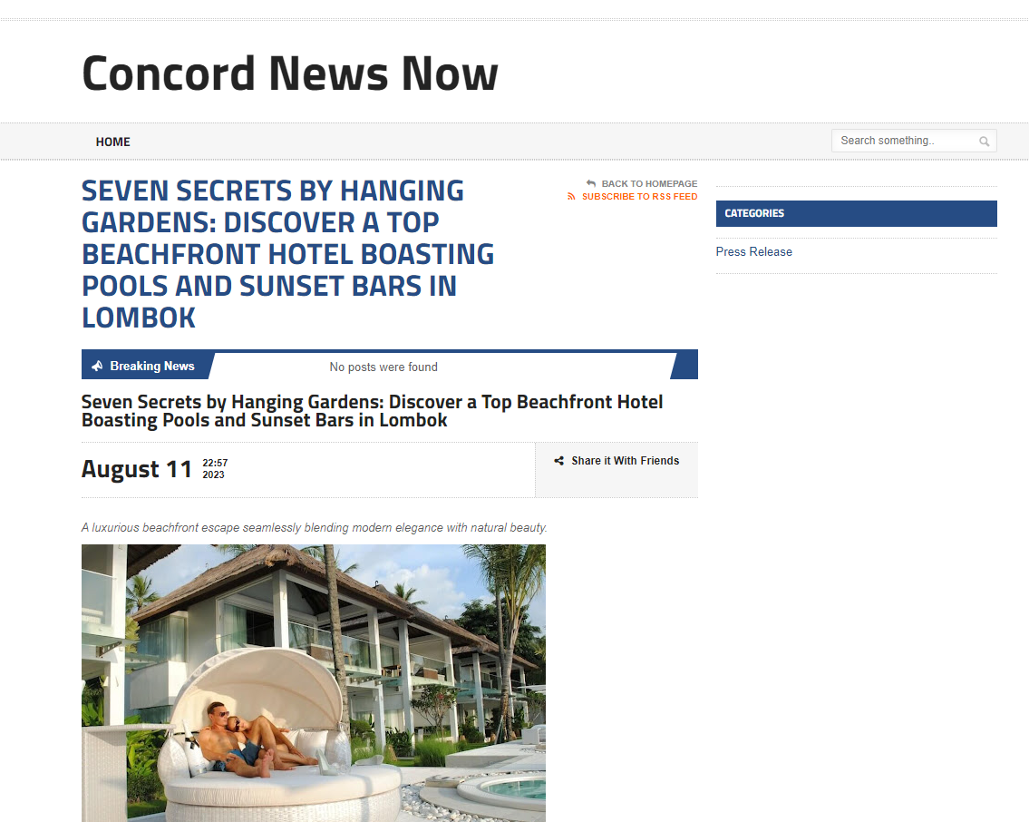 Press and Media Recognition - Concord News - Seven Secrets by Hanging Gardens: Discover a Top Beachfront Hotel Boasting Pools and Sunset Bars in Lombok