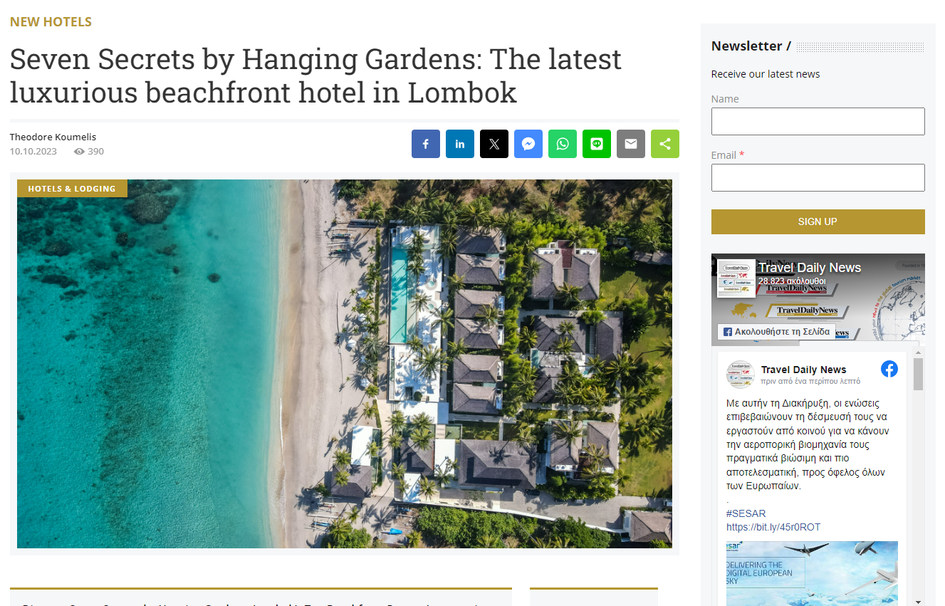 Press and Media Recognition - Seven Secrets by Hanging Gardens: The latest luxurious beachfront hotel in Lombok