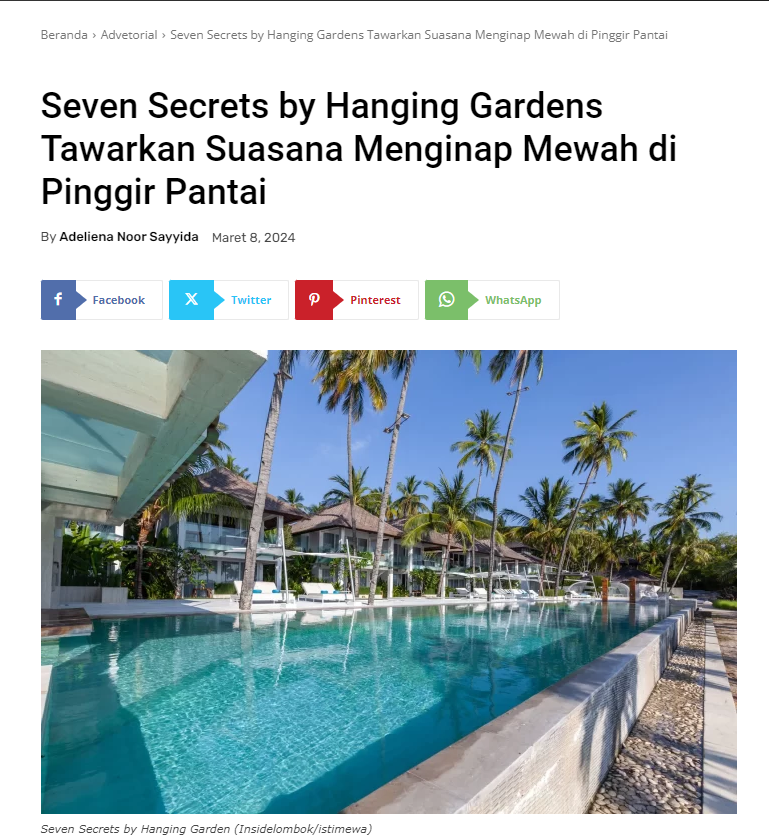 Press and Media Recognition - Inside Lombok - Seven Secrets by Hanging Gardens Tawarkan Suasana Menginap Mewah di Pinggir Pantai