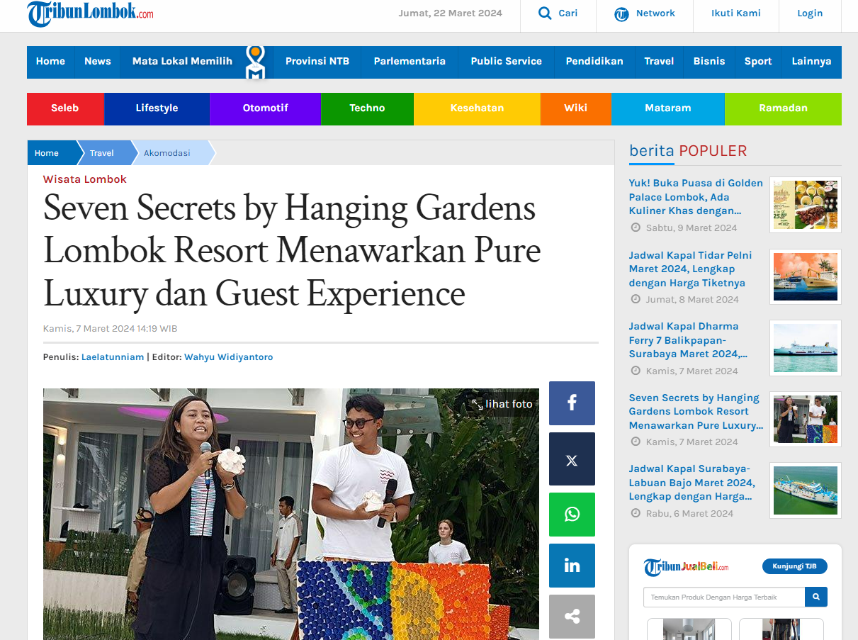 Press and Media Recognition - Tribun News - Seven Secrets by Hanging Gardens Lombok Resort Menawarkan Pure Luxury dan Guest Experience