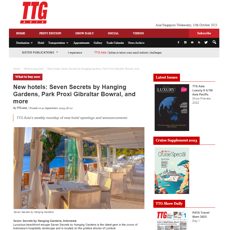 Press and Media Recognition - New hotels: Seven Secrets by Hanging Gardens, Park Proxi Gibraltar Bowral, and more
