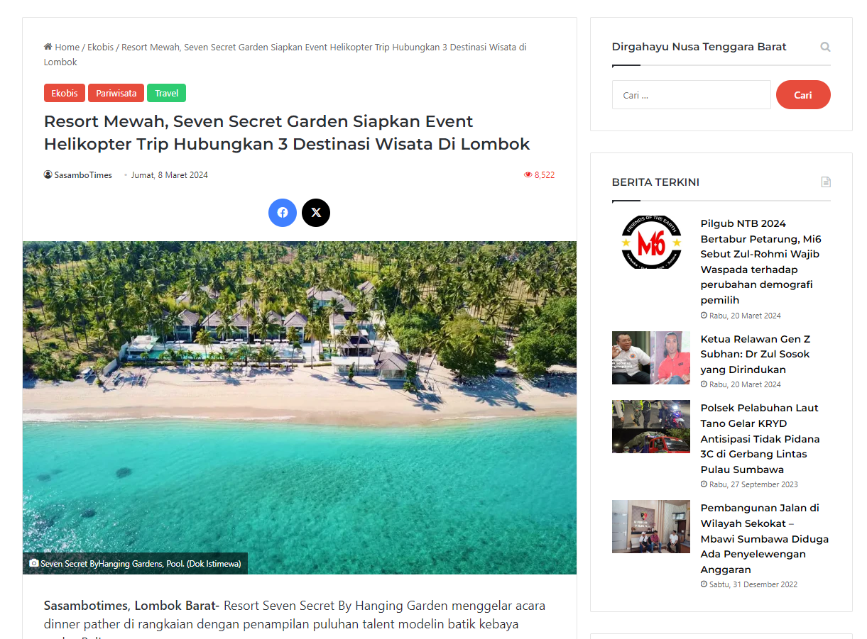 Press and Media Recognition - Sasambo Times - Resort Mewah, Seven Secret Garden Siapkan Event Helikopter Trip Hubungkan 3 Destinasi Wisata Di Lombok