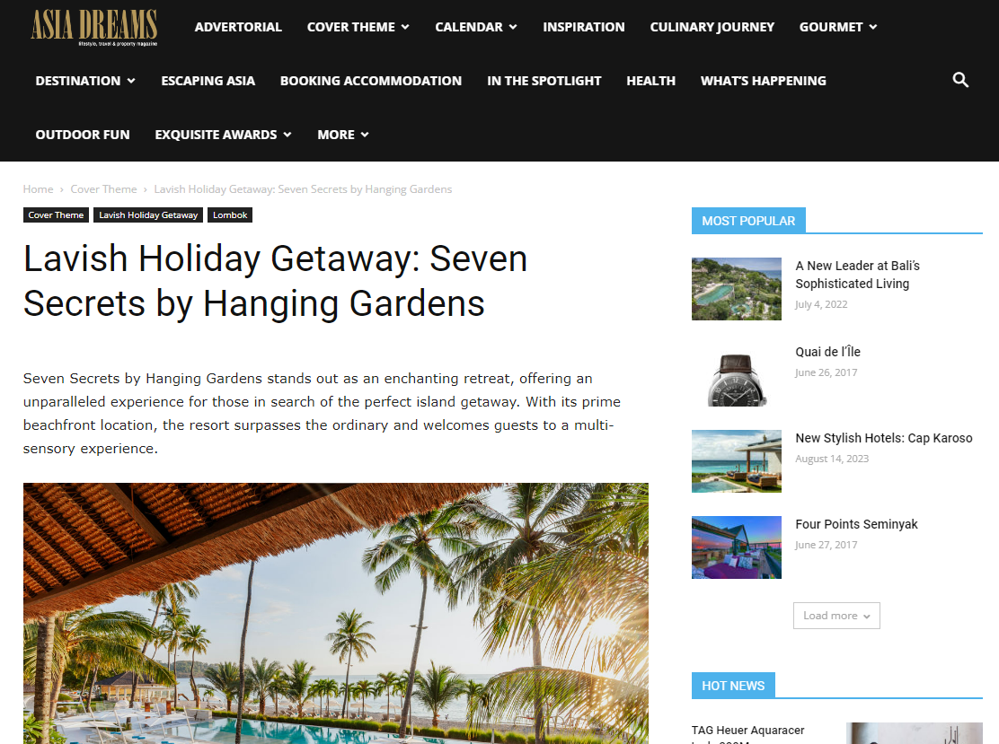 Press and Media Recognition - Asia Dreams - Lavish Holiday Getaway: Seven Secrets by Hanging Gardens